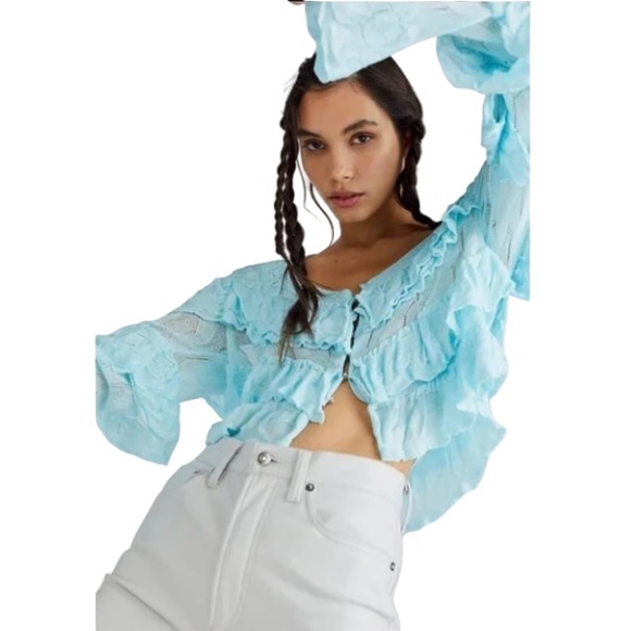 Free People Blue RUFFLE Cropped Rhinestone Button Cardigan Sweater - Size Small - Picture 1 of 11